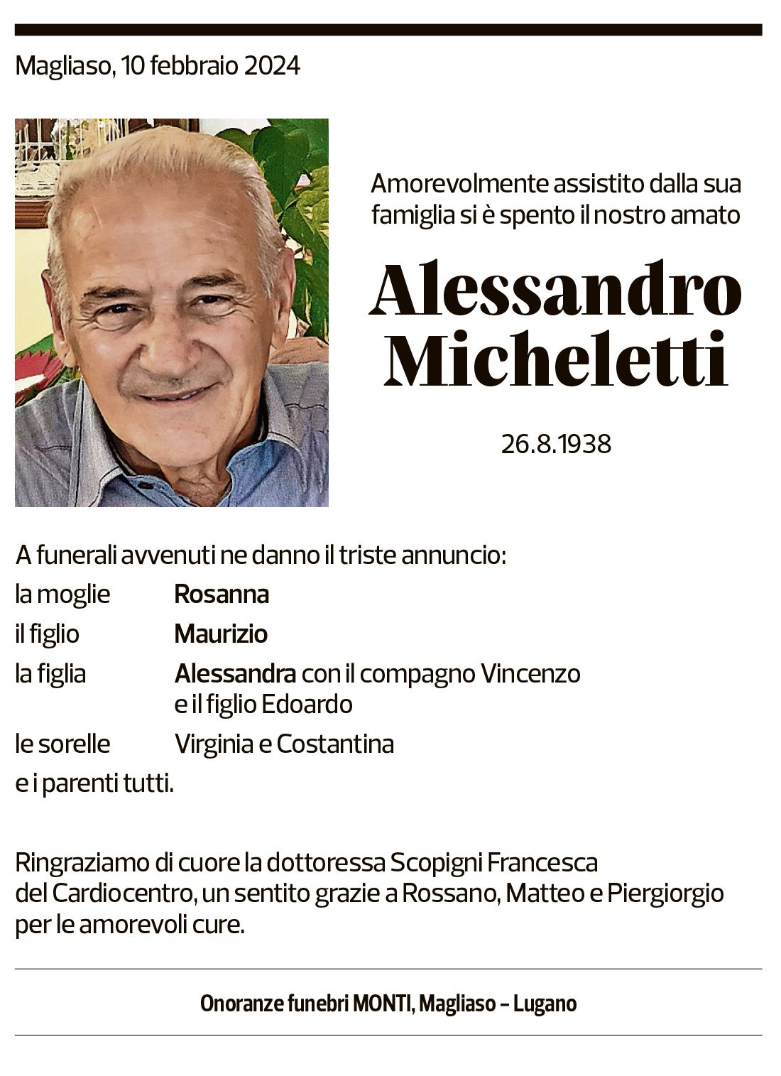 Annuncio funebre Alessandro Micheletti