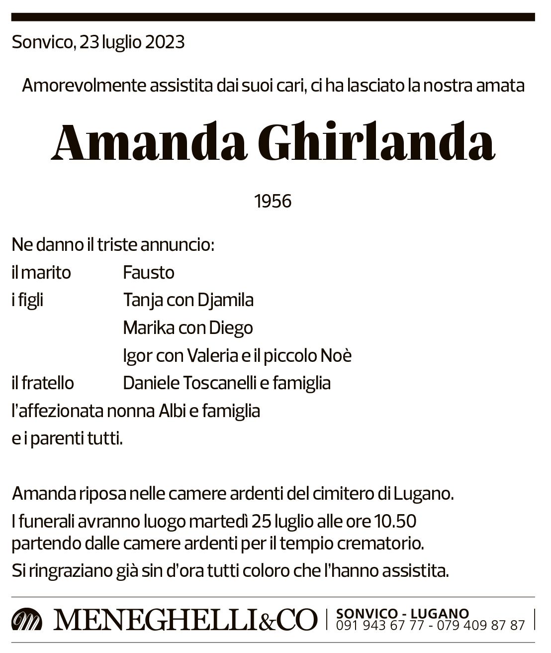 Annuncio funebre Amanda Ghirlanda