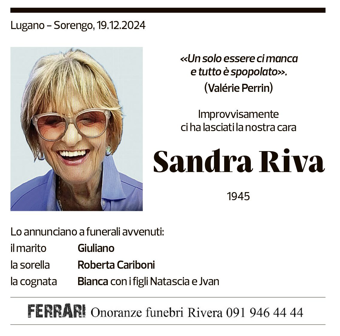 Annuncio funebre Sandra Riva