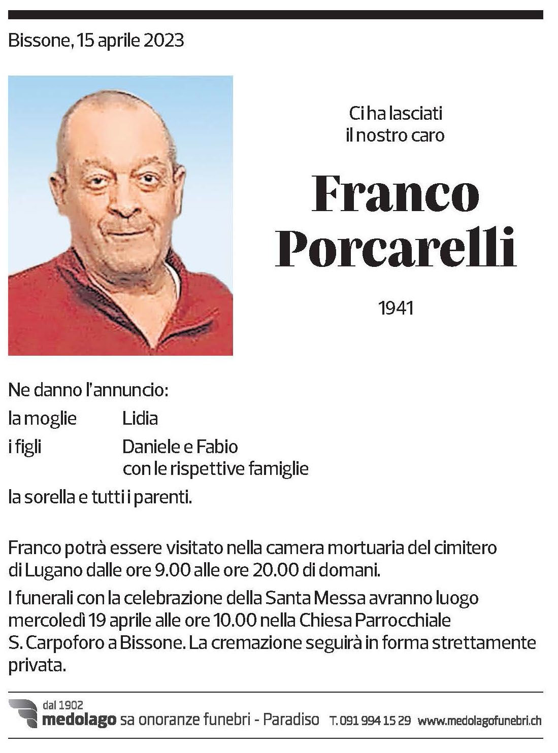 Annuncio funebre Franco Porcarelli