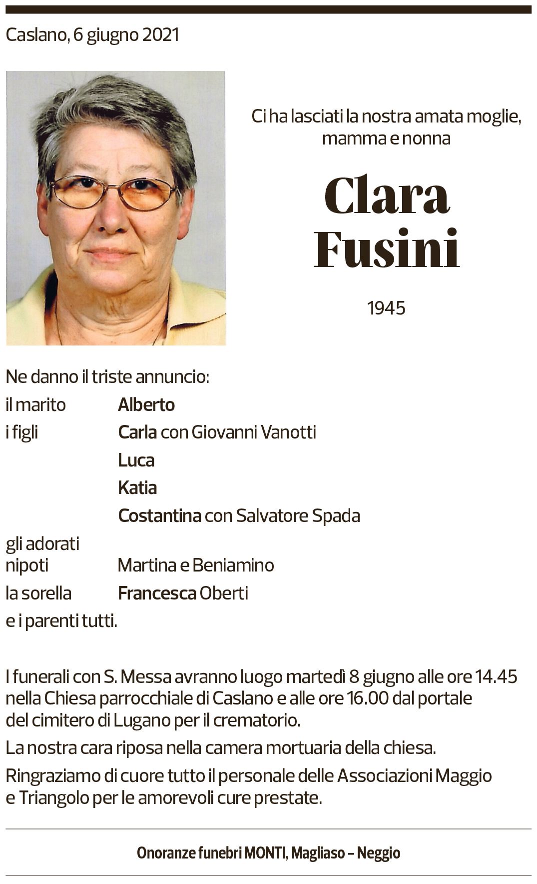 Annuncio funebre Clara Fusini