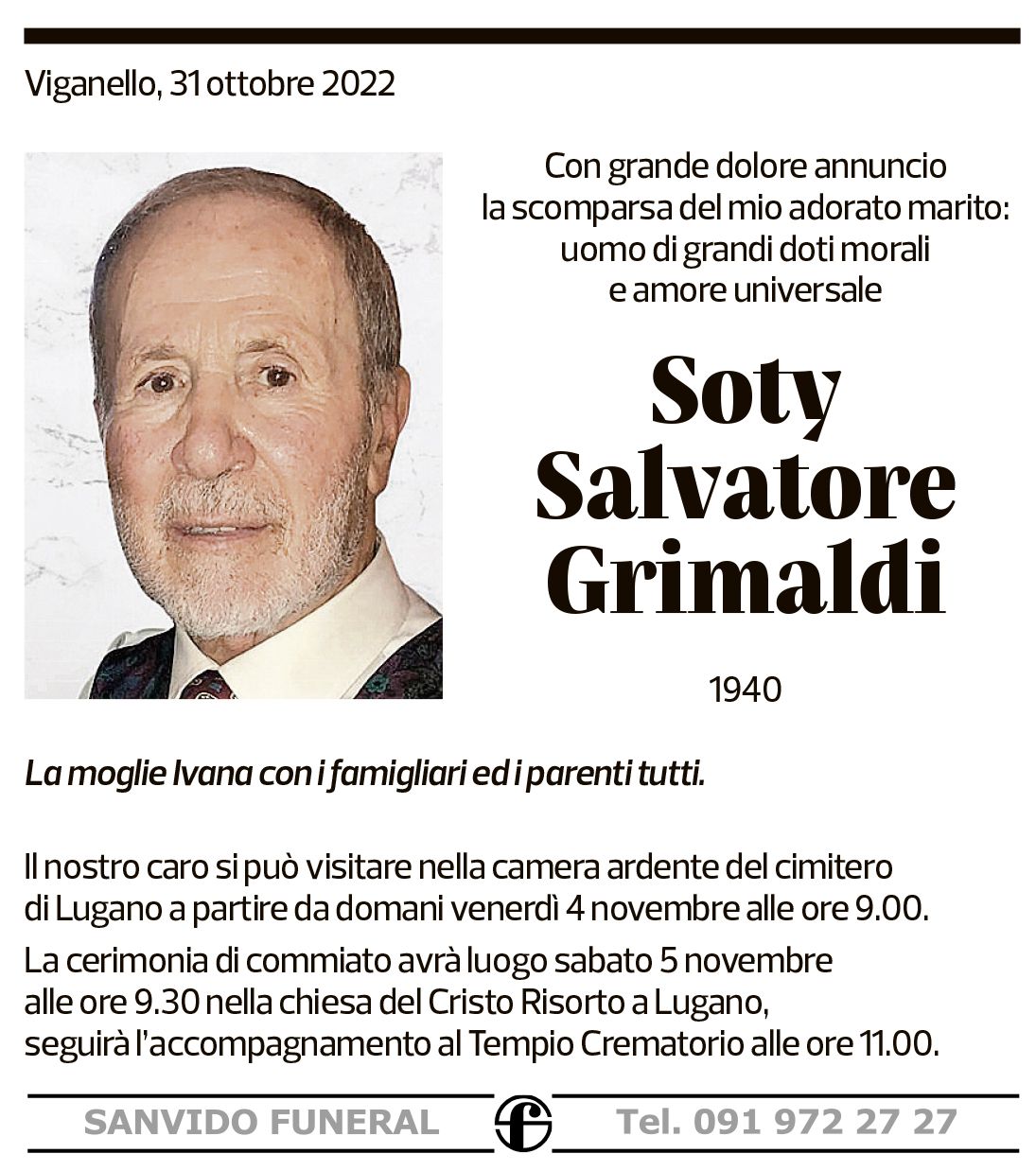 Annuncio funebre Soty Salvatore Grimaldi