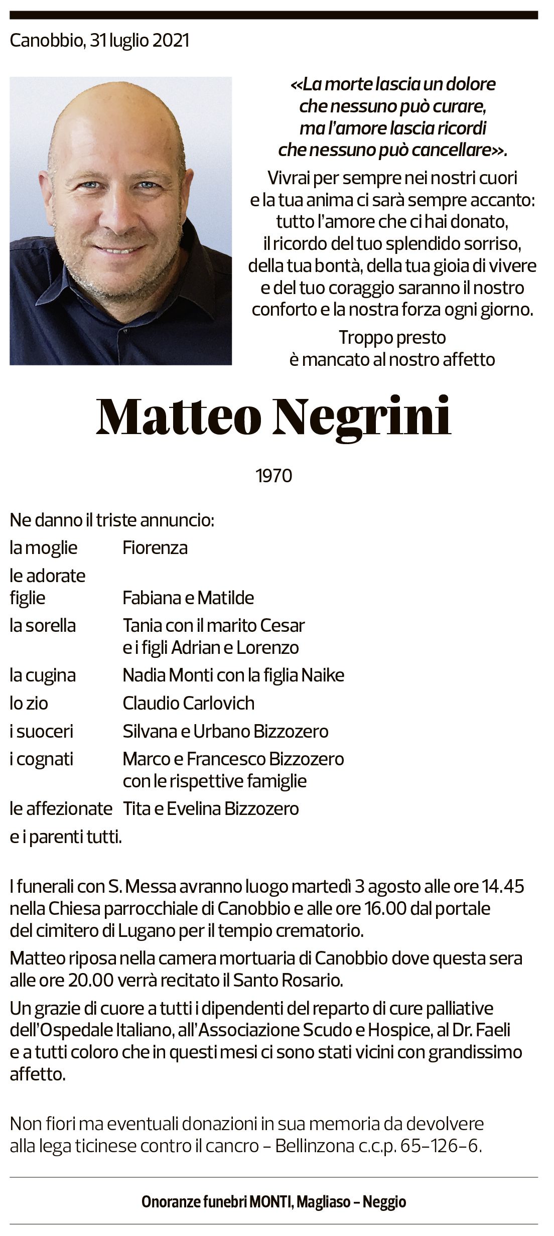 Annuncio funebre Matteo Negrini