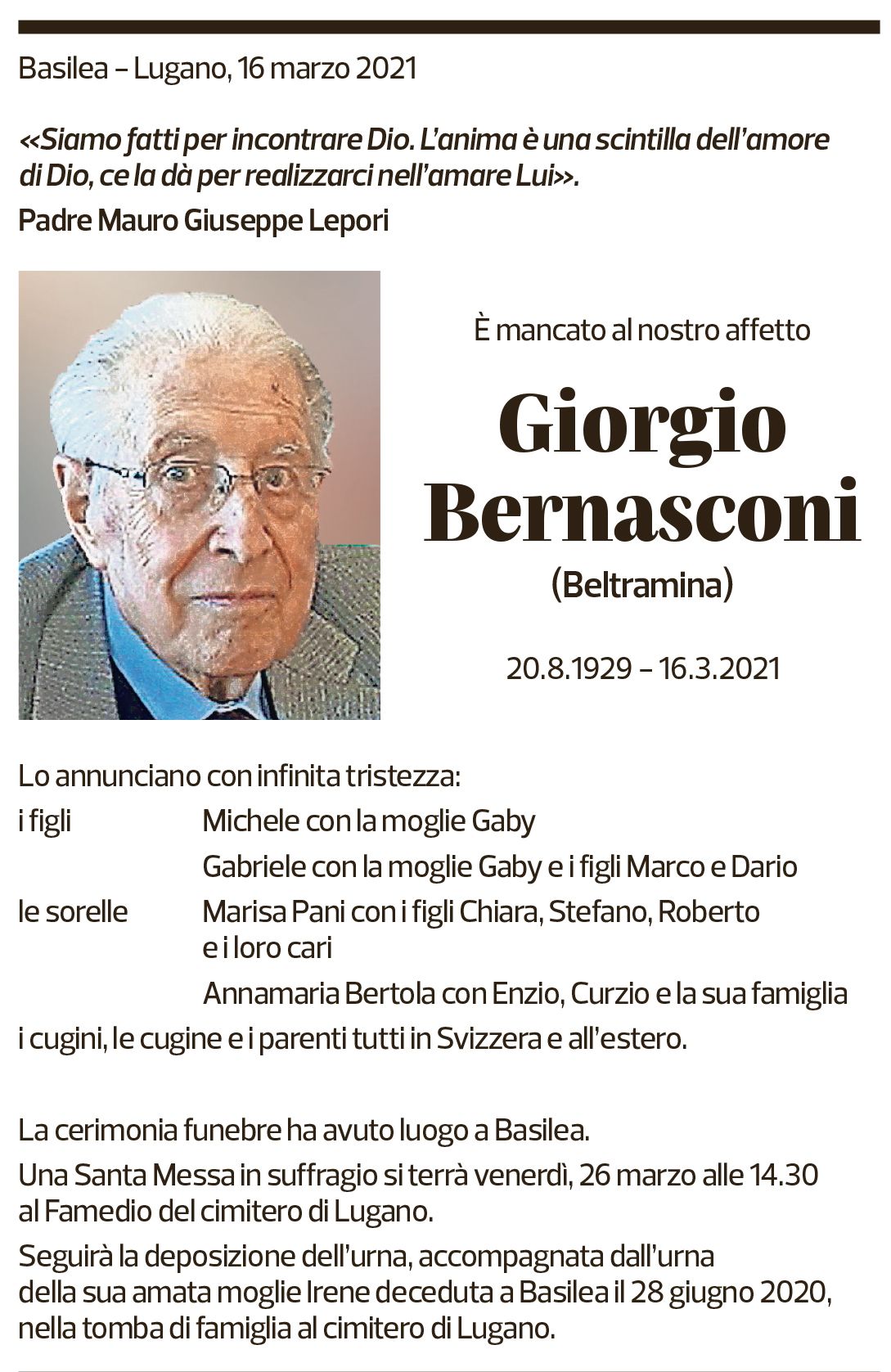 Annuncio funebre Giorgio Bernasconi