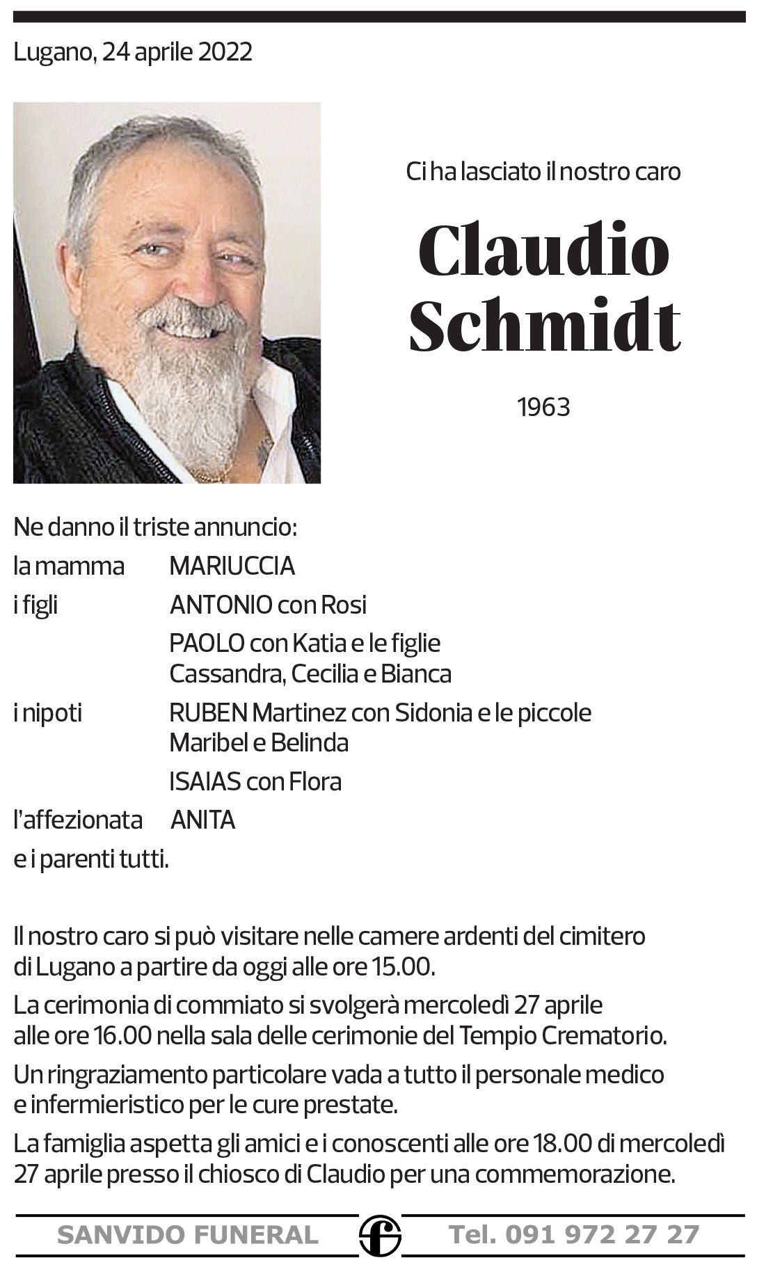 Annuncio funebre Claudio Schmidt