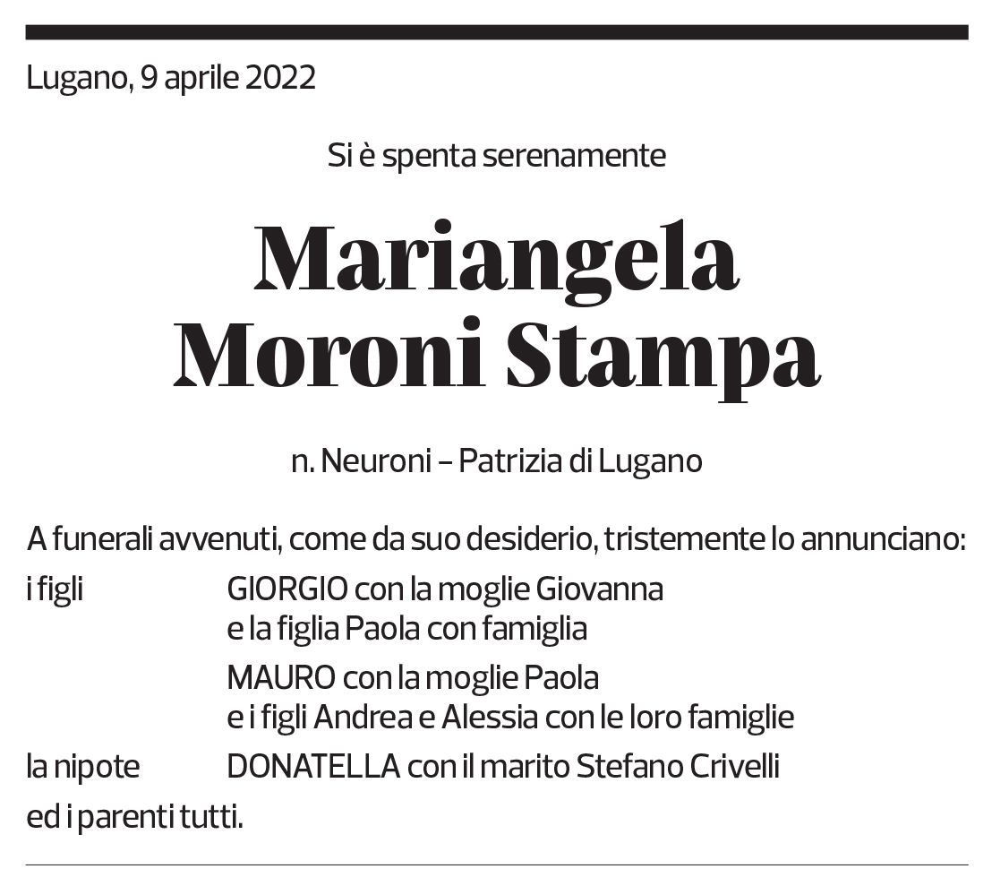 Annuncio funebre Mariangela Moroni Stampa