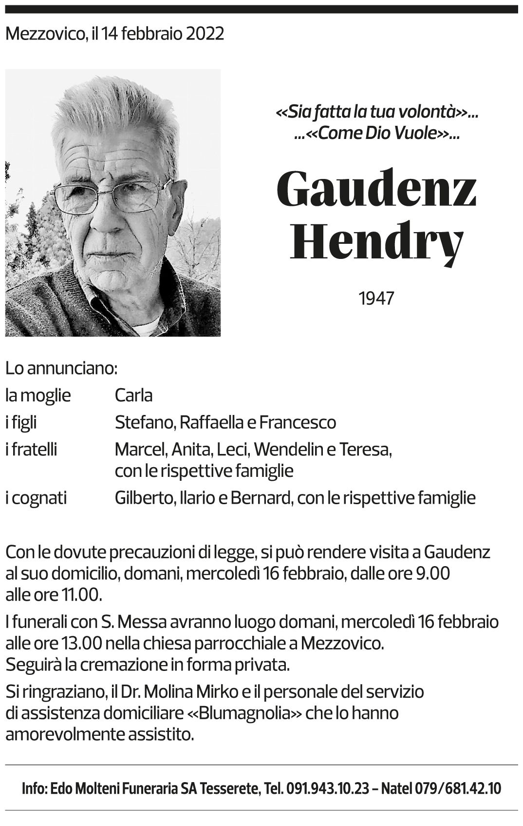 Annuncio funebre Gaudenz Hendry