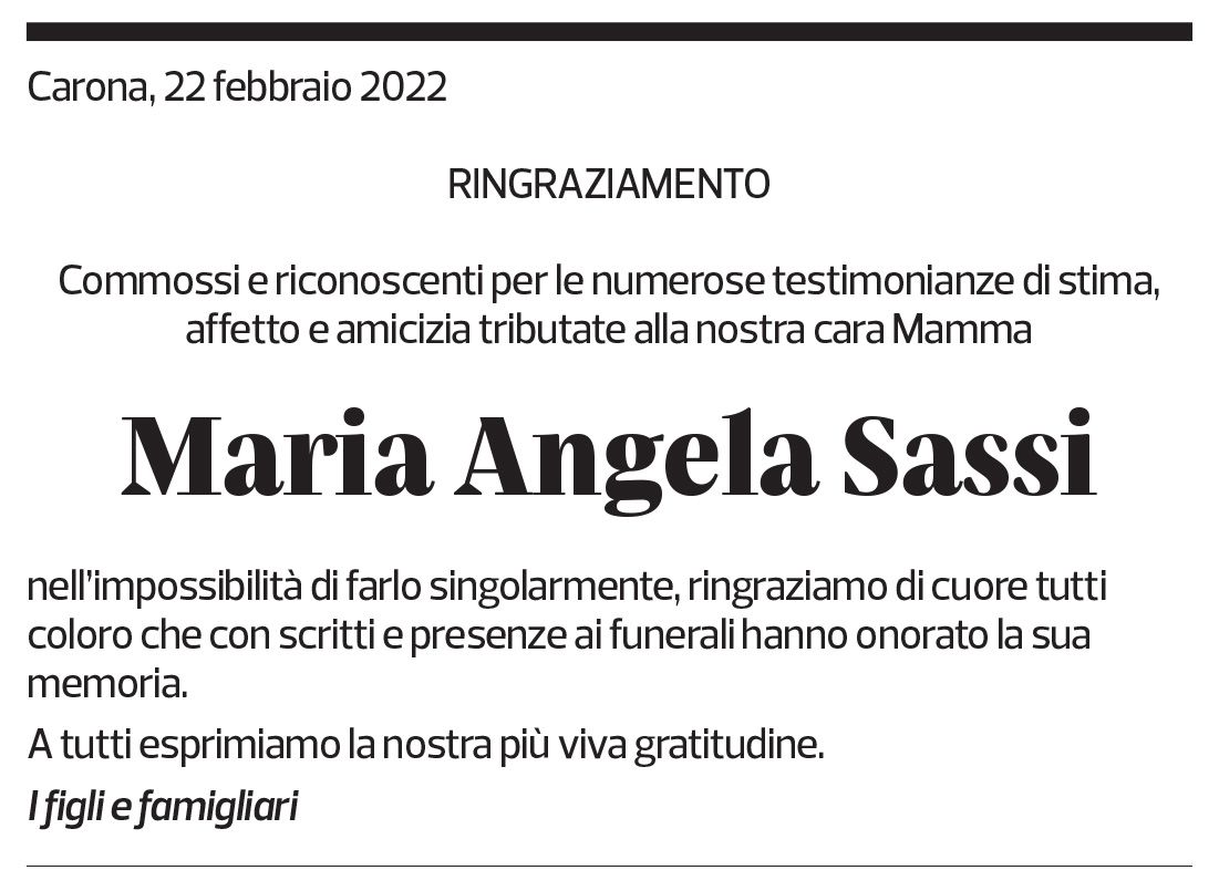 Annuncio funebre Maria Angela Sassi