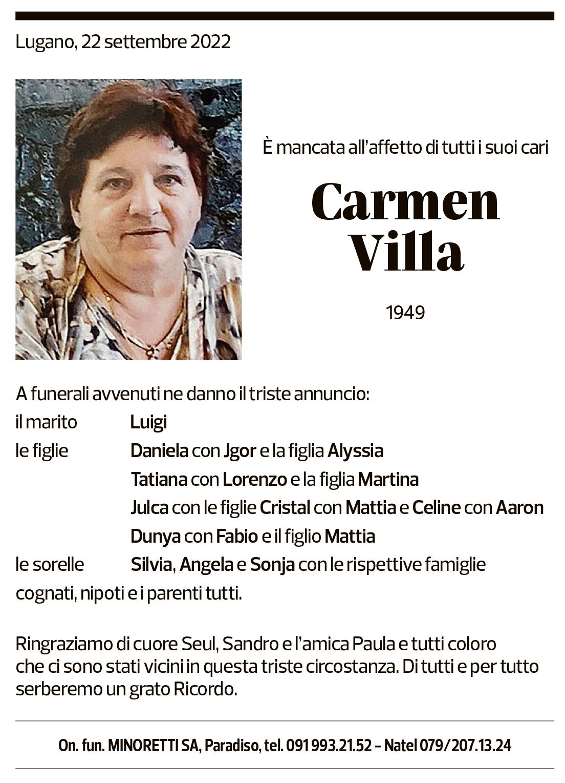 Annuncio funebre Carmen Villa