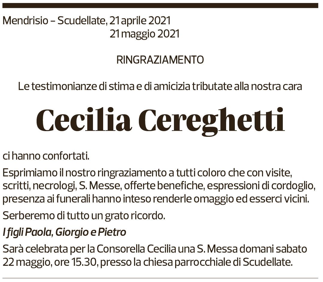 Annuncio funebre Cecilia Cereghetti