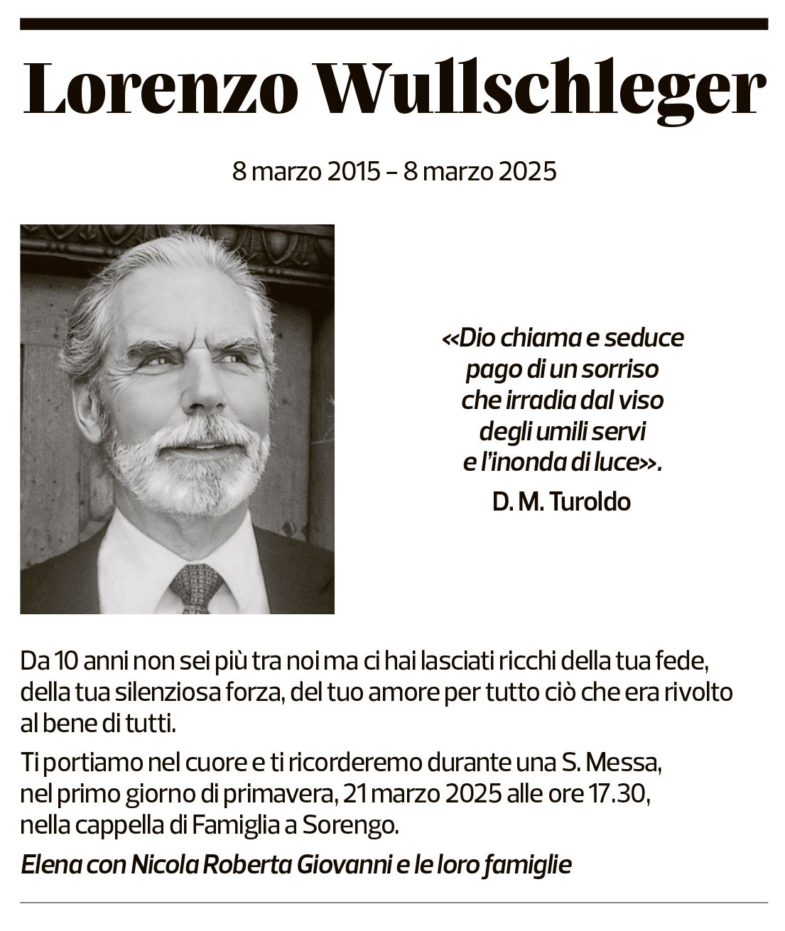 Annuncio funebre Lorenzo Wullschleger