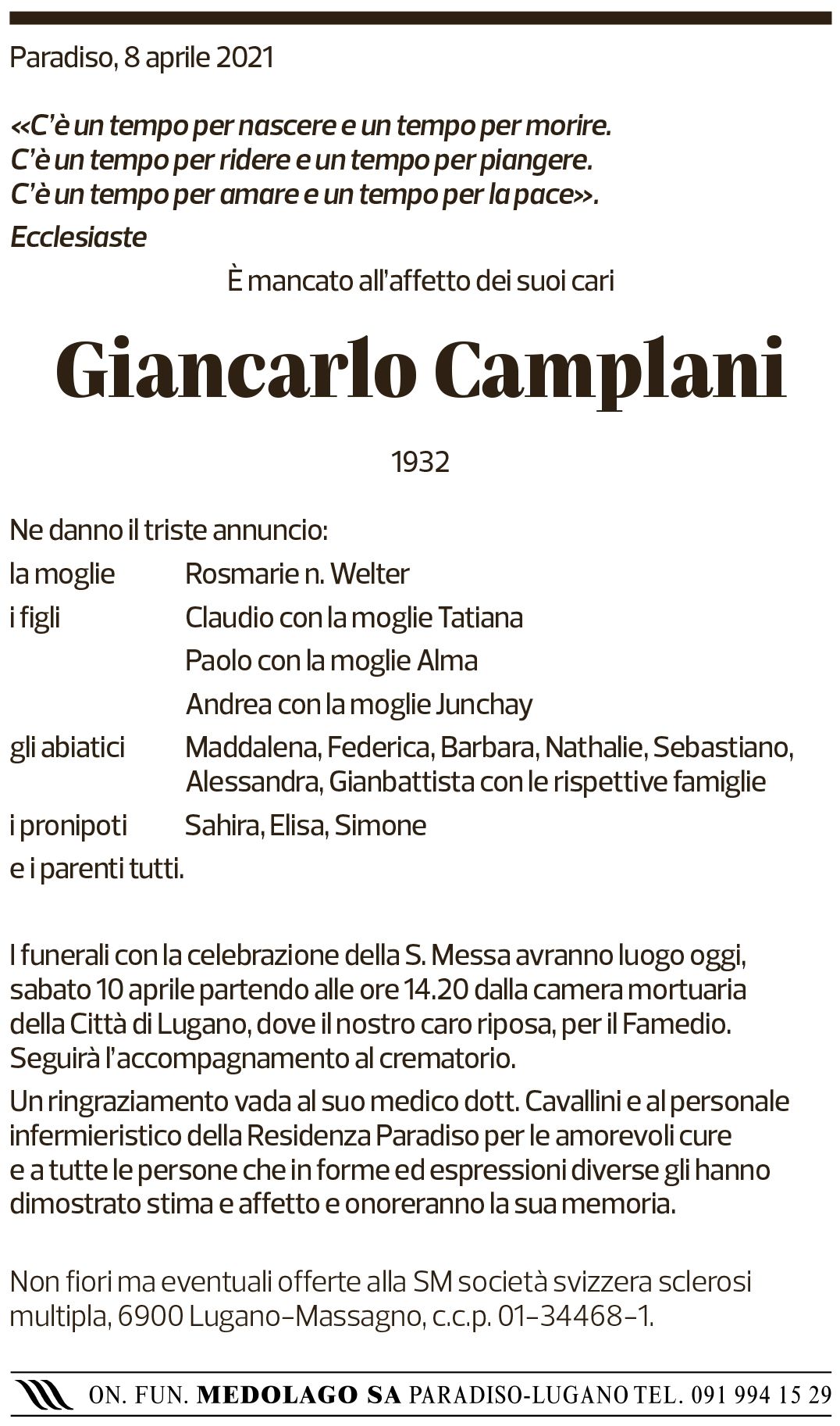 Annuncio funebre Giancarlo Camplani