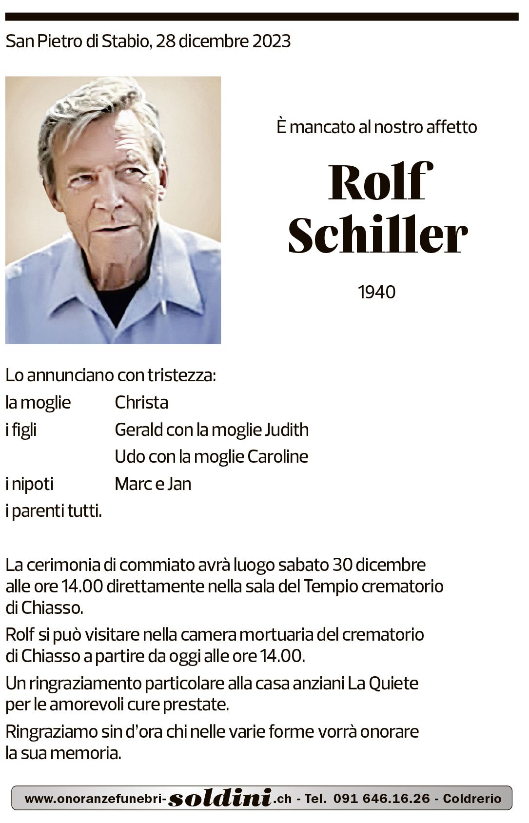 Annuncio funebre Rolf Schiller