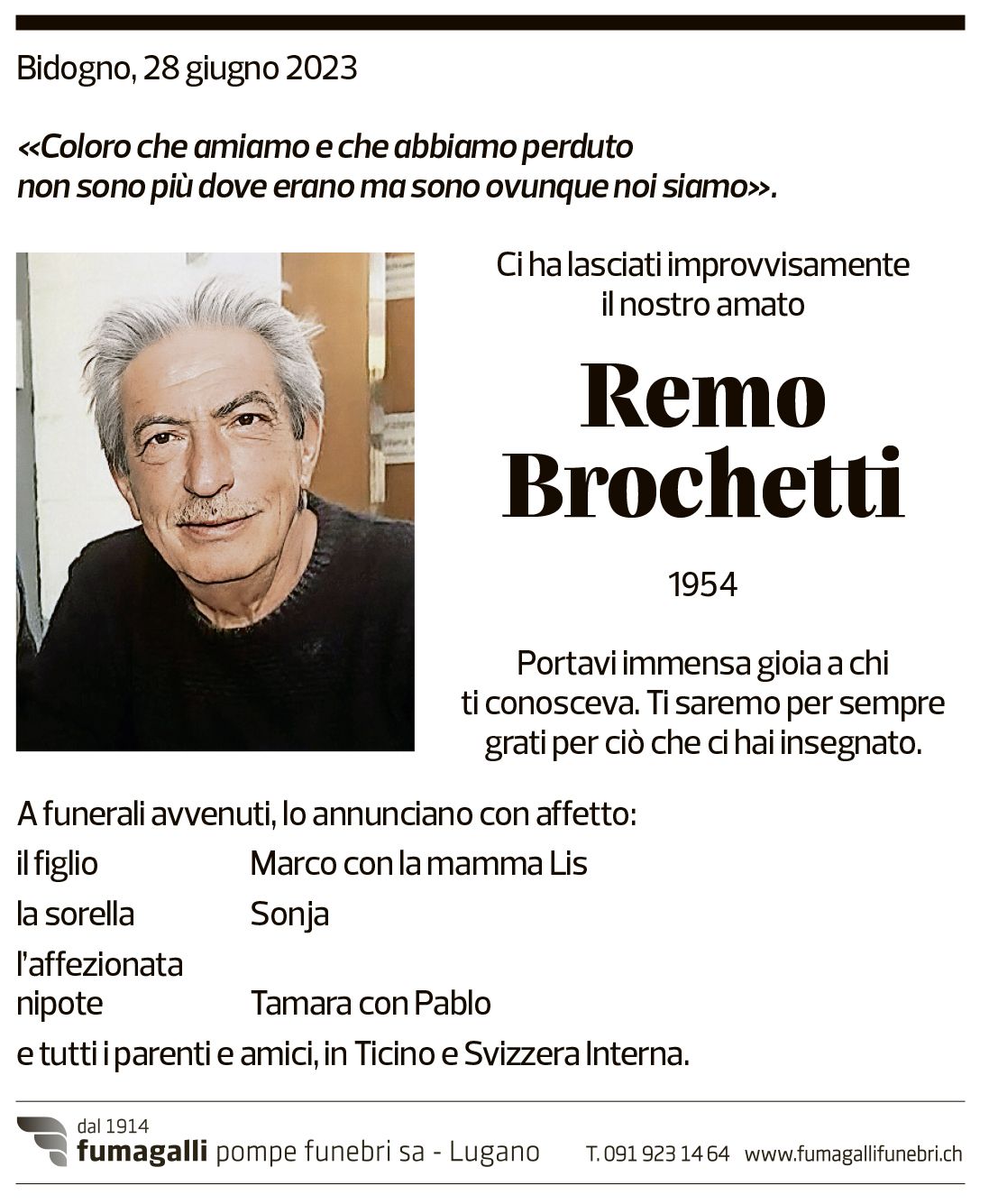 Annuncio funebre Remo Brochetti