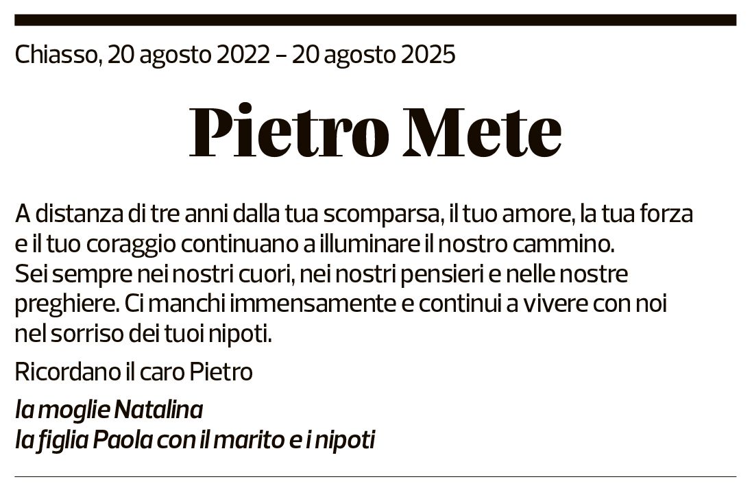 Annuncio funebre Pietro Mete