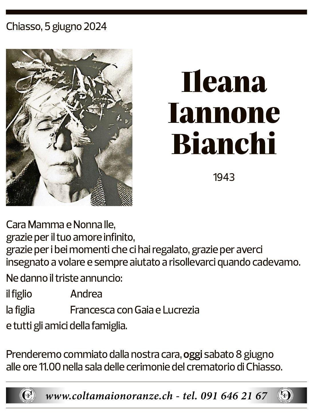 Annuncio funebre Ileana Iannone Bianchi