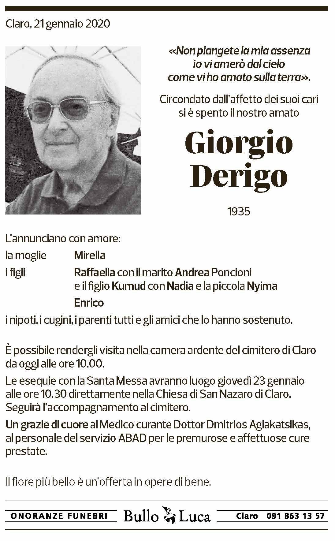 Annuncio funebre Giorgio Derigo