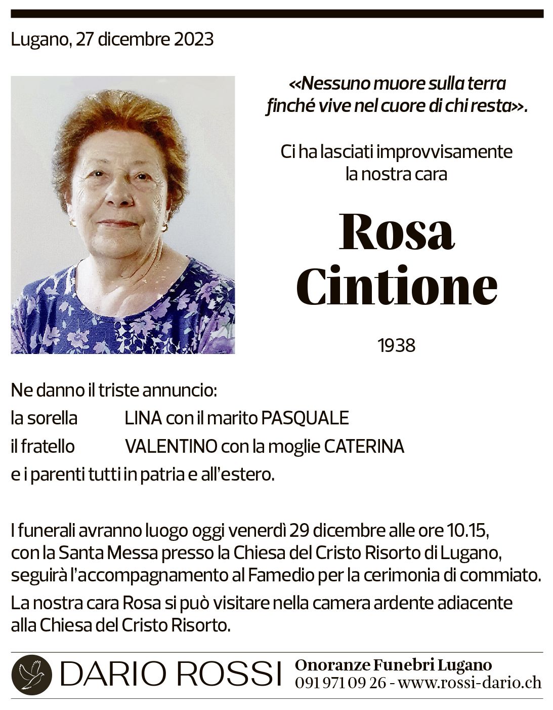 Annuncio funebre Rosa Cintione