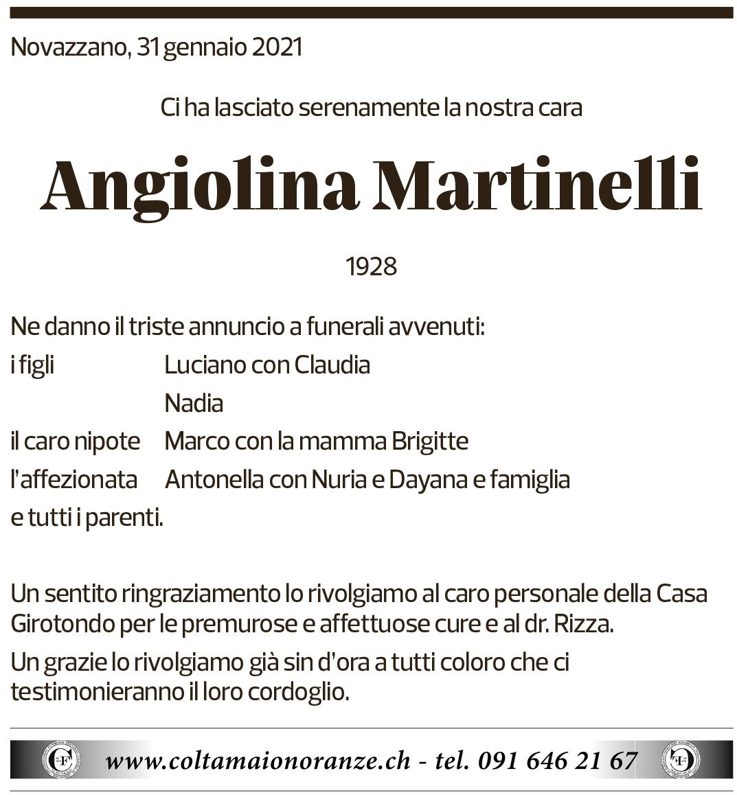 Annuncio funebre Angiolina Martinelli