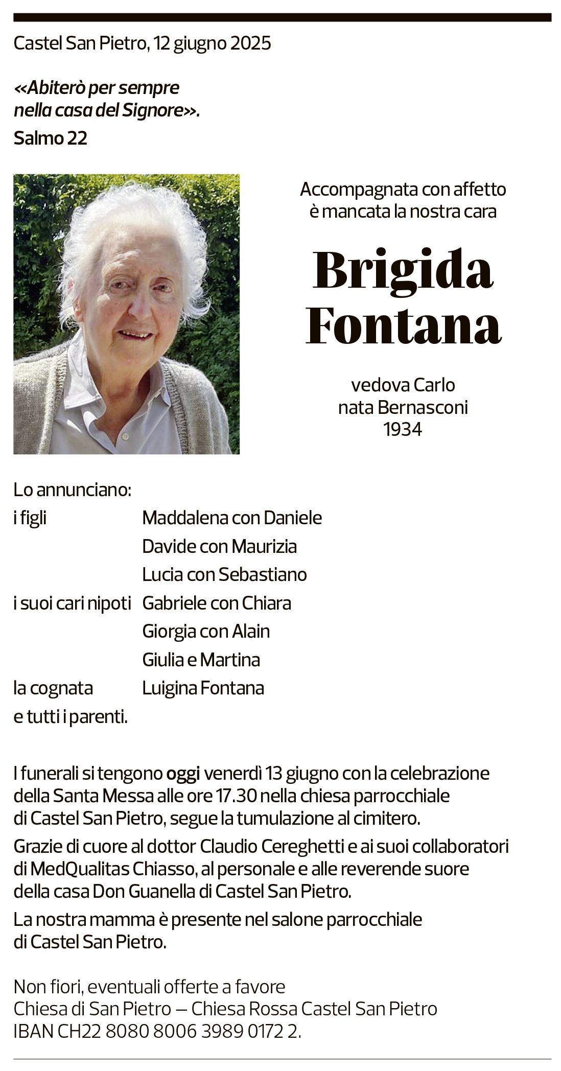 Annuncio funebre Brigida Fontana