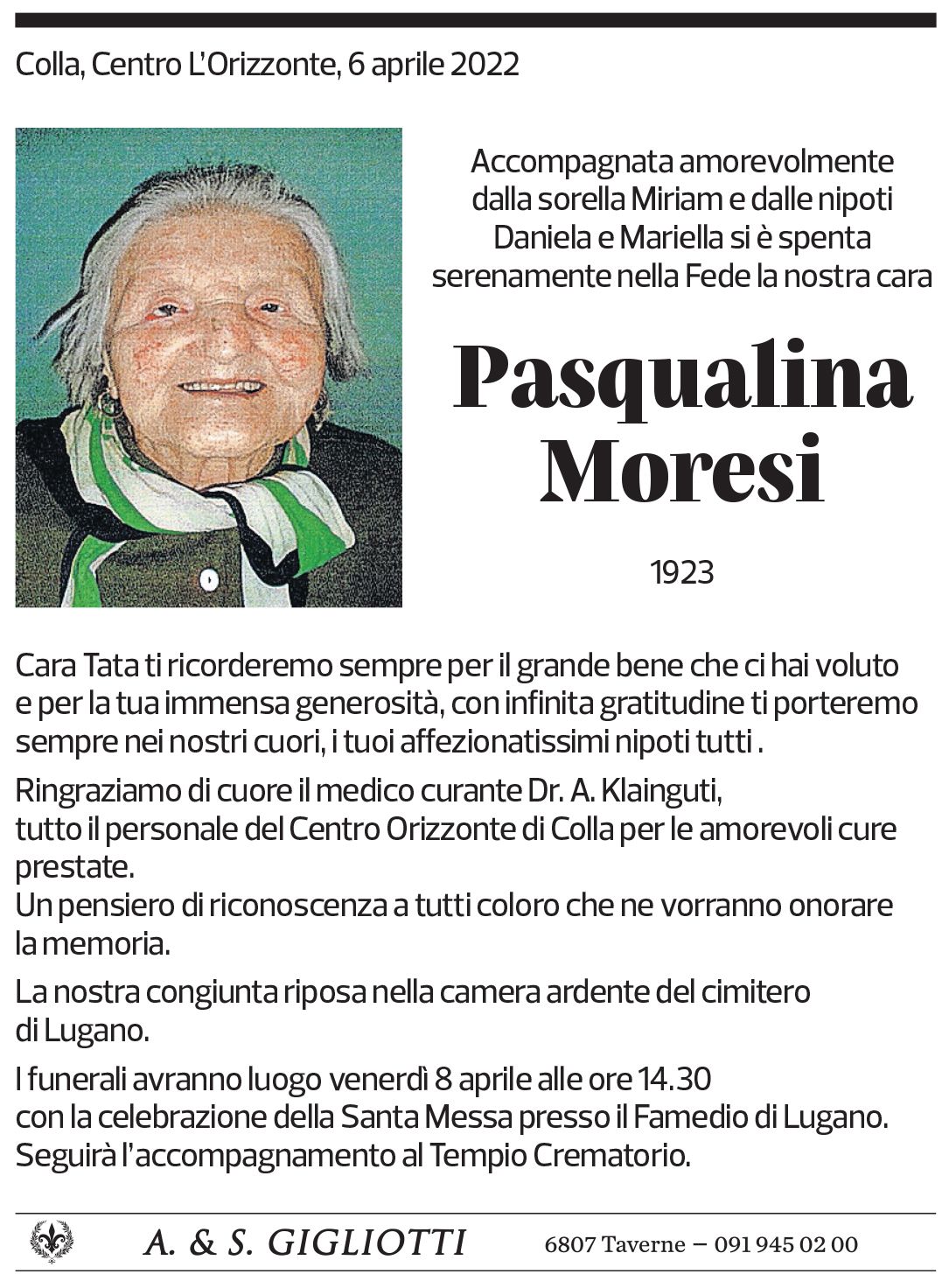 Annuncio funebre Pasqualina Moresi