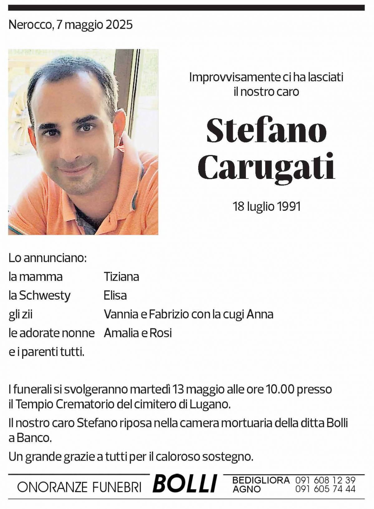 Annuncio funebre Stefano Carugati