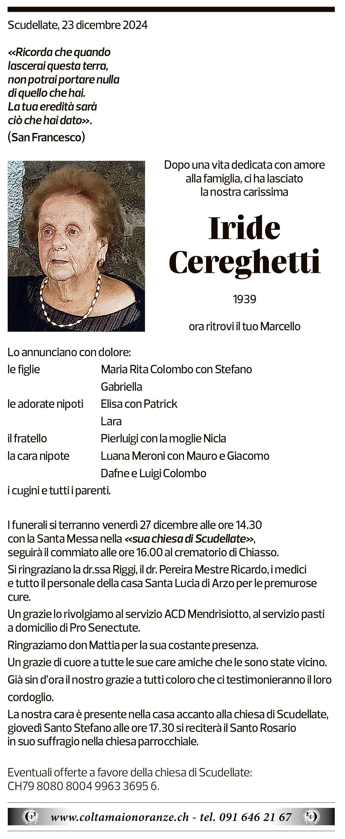 Annuncio funebre Iride Cereghetti