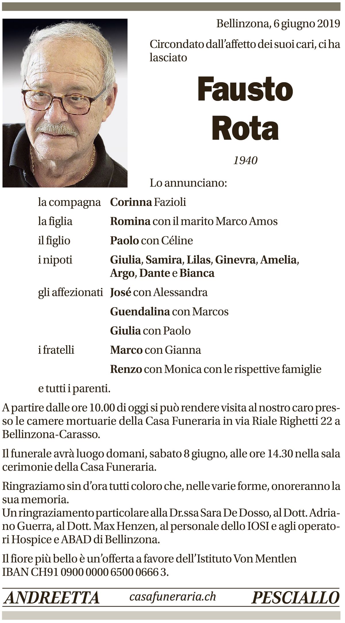 Annuncio funebre Fausto Rota