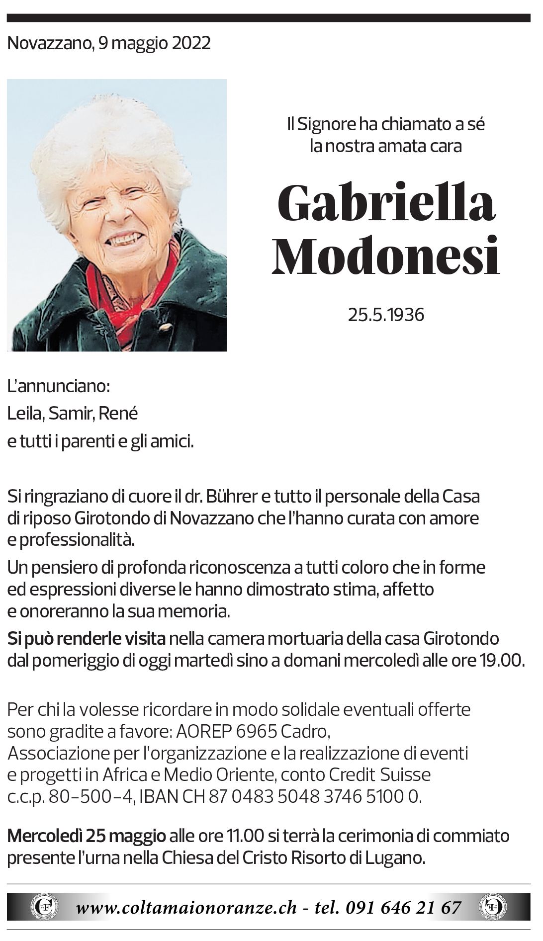 Annuncio funebre Gabriella Modonesi