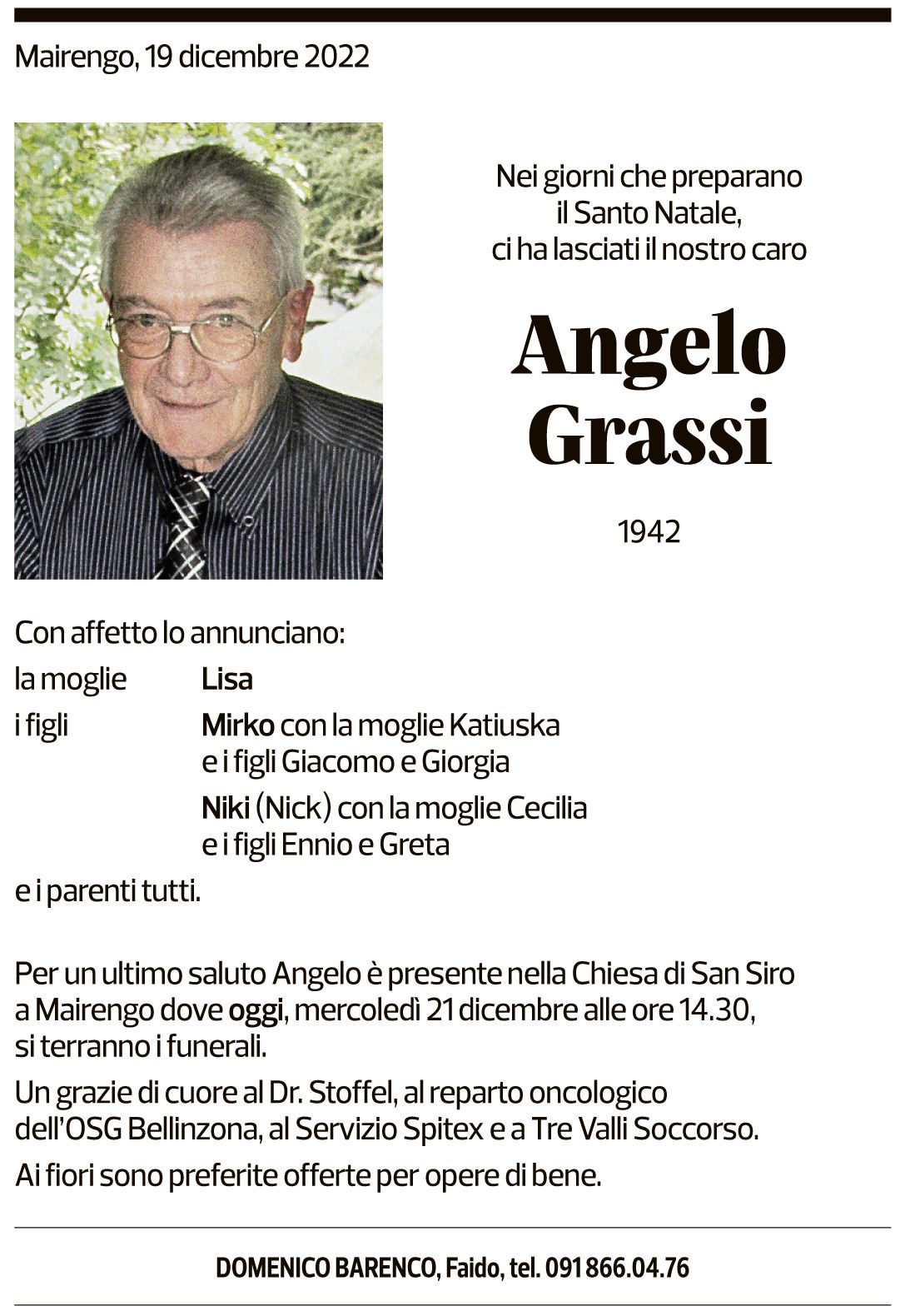 Annuncio funebre Angelo Grassi