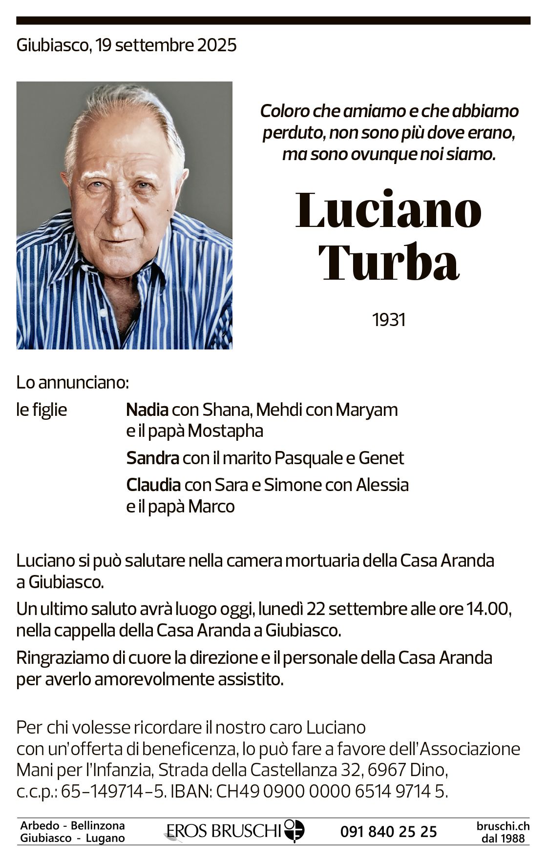 Annuncio funebre Luciano Turba