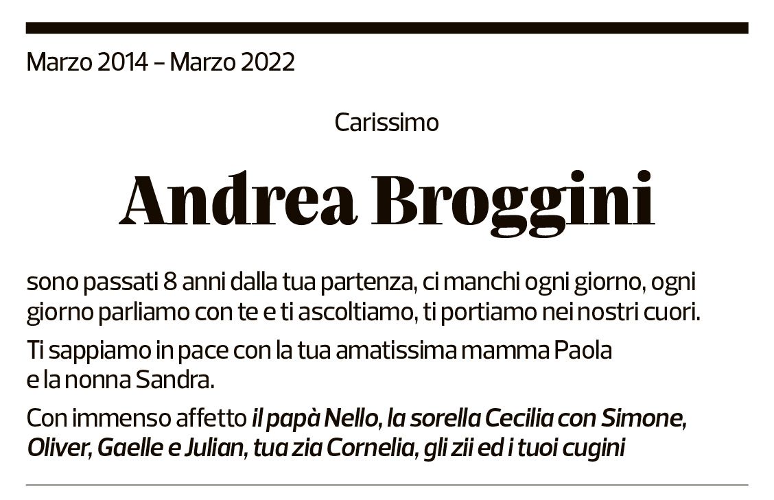 Annuncio funebre Andrea Broggini