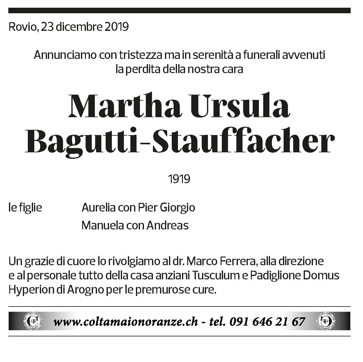 Annuncio funebre Martha Ursula Bagutti-stauffacher