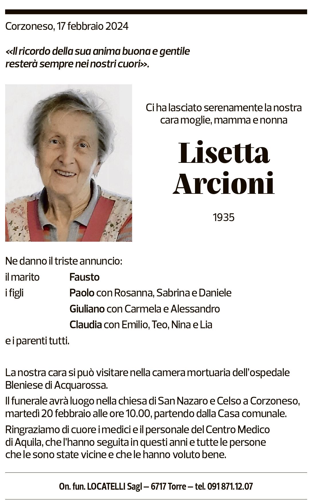 Annuncio funebre Lisetta Arcioni