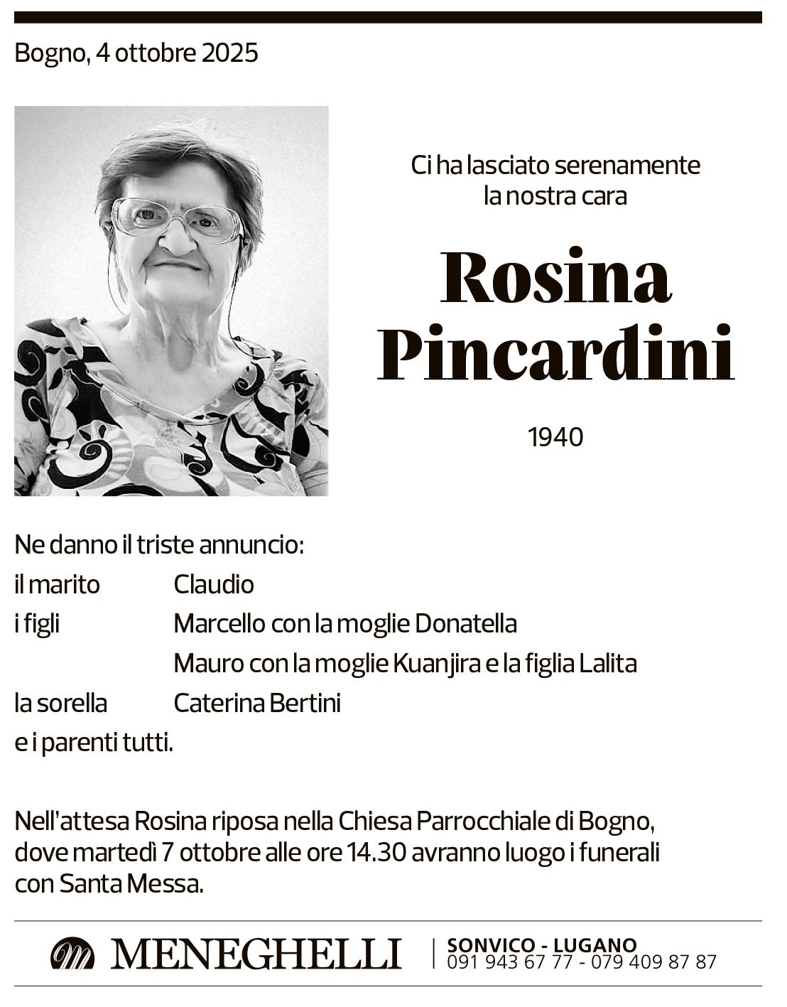 Annuncio funebre Rosina Pincardini