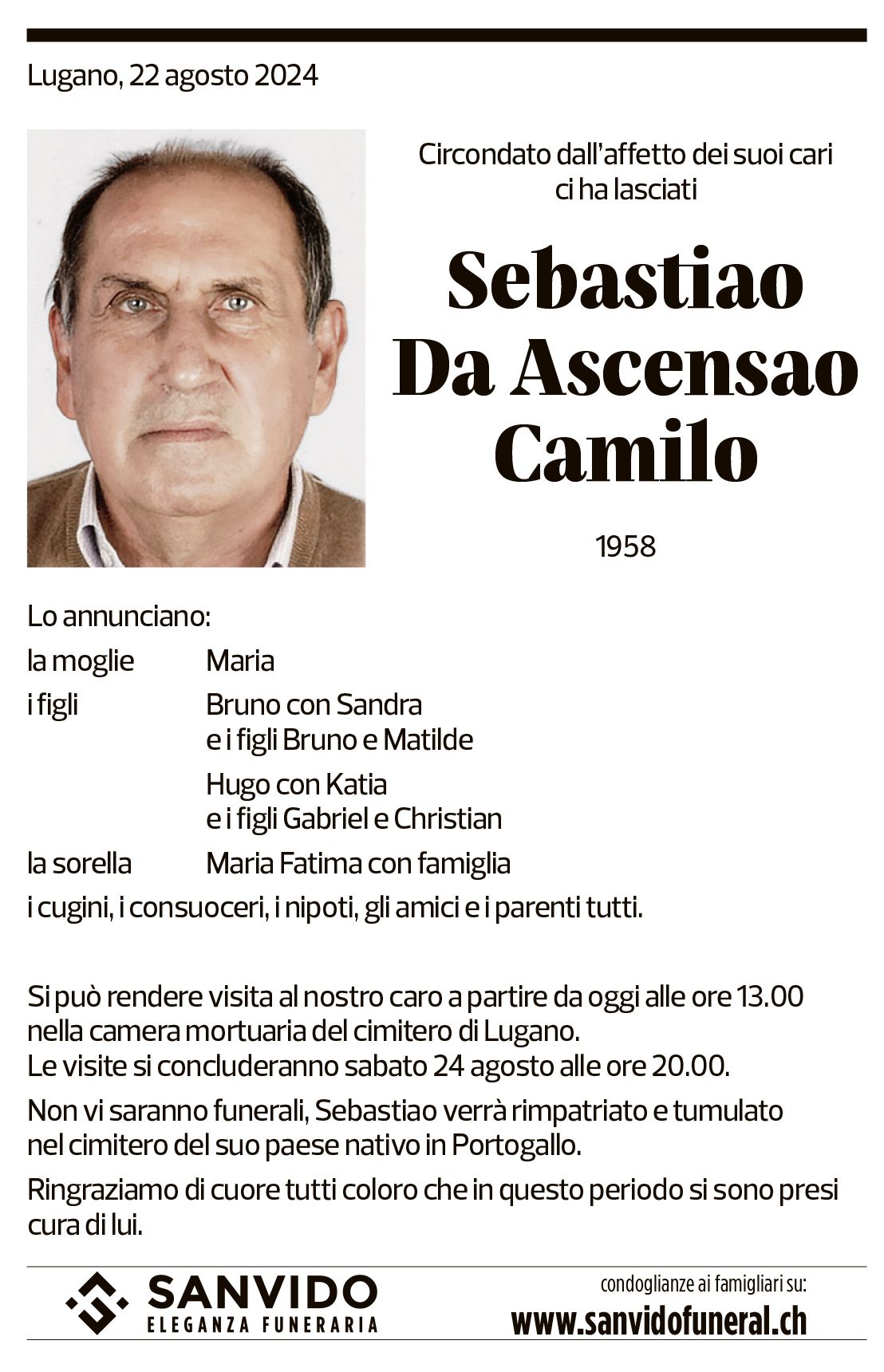 Annuncio funebre Sebastiao Da Ascensao Camilo