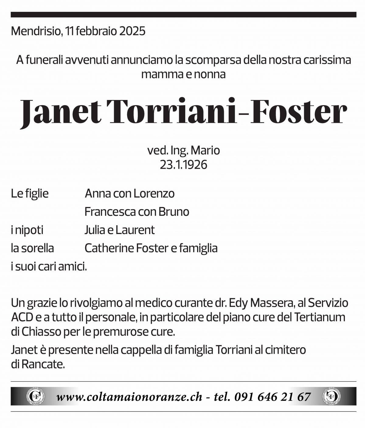 Annuncio funebre Janet Torriani-foster