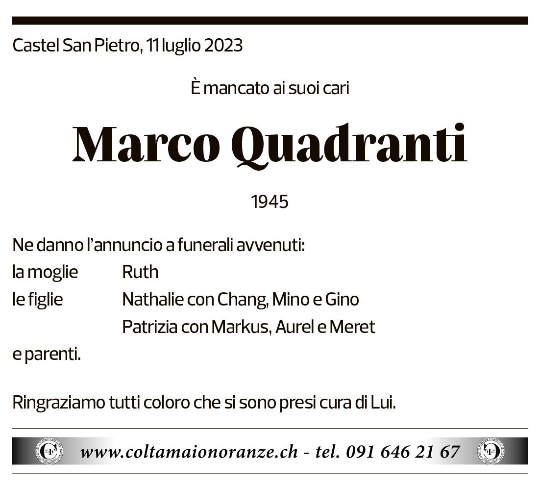 Annuncio funebre Marco Quadranti