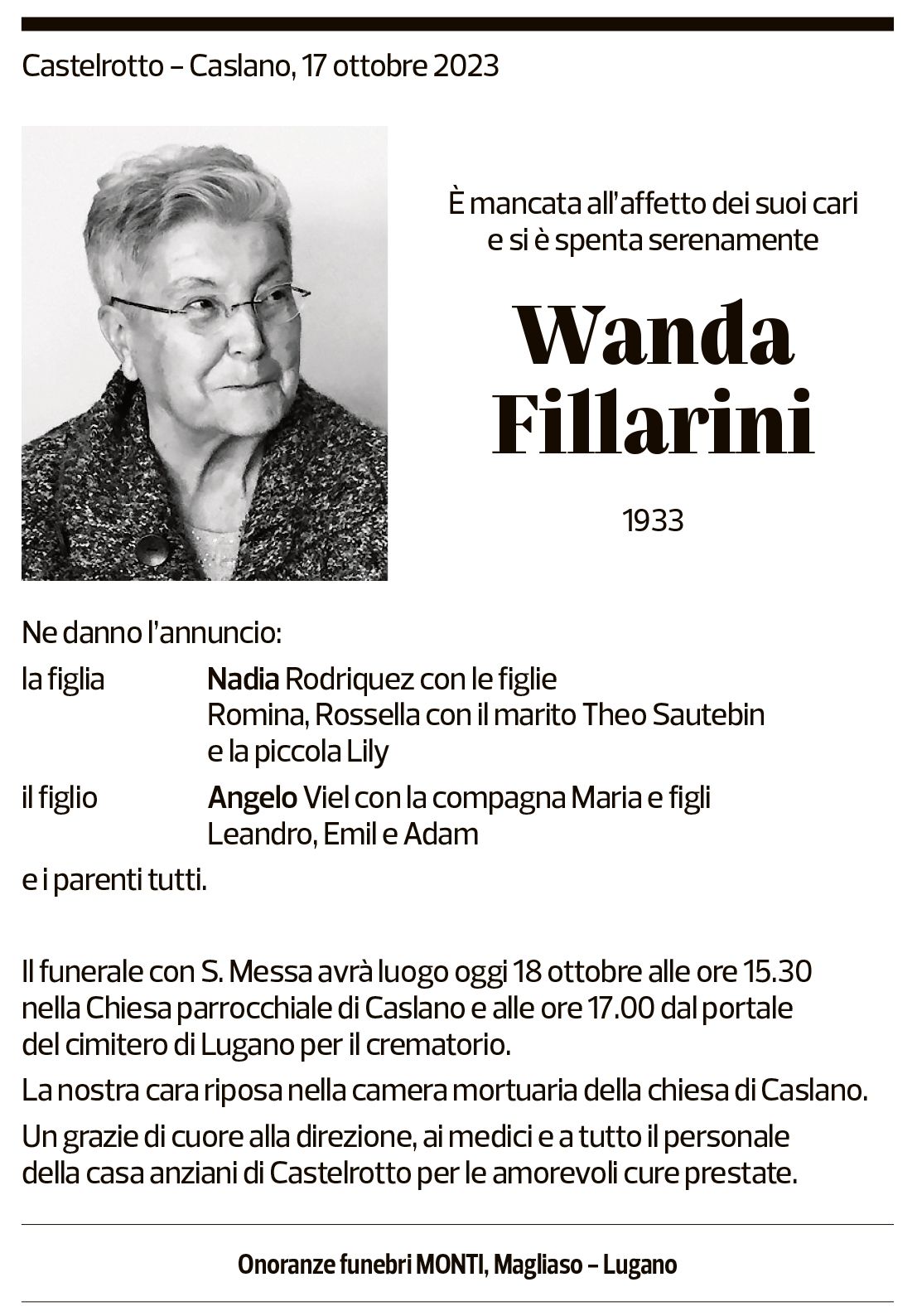 Annuncio funebre Wanda Fillarini