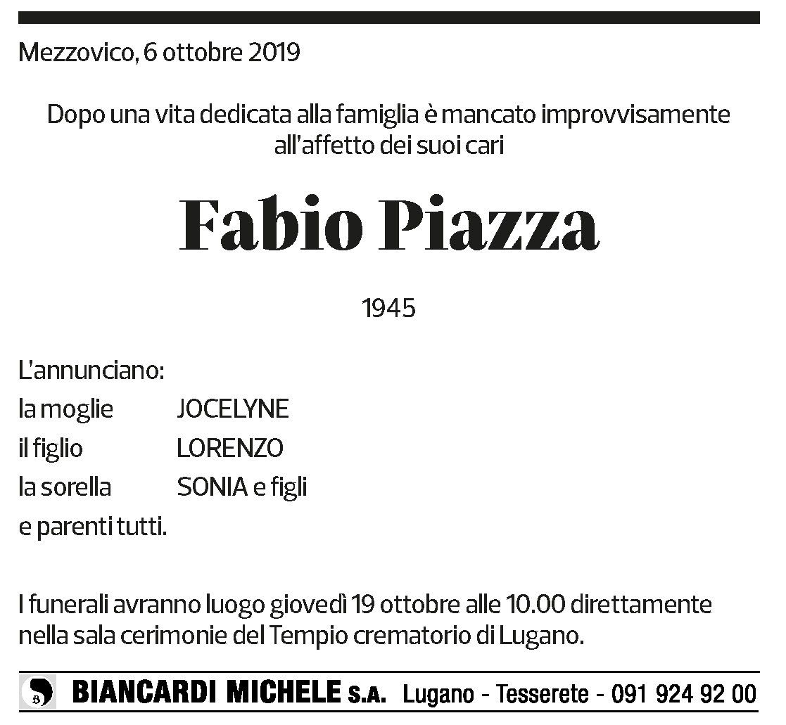 Annuncio funebre Fabio Piazza
