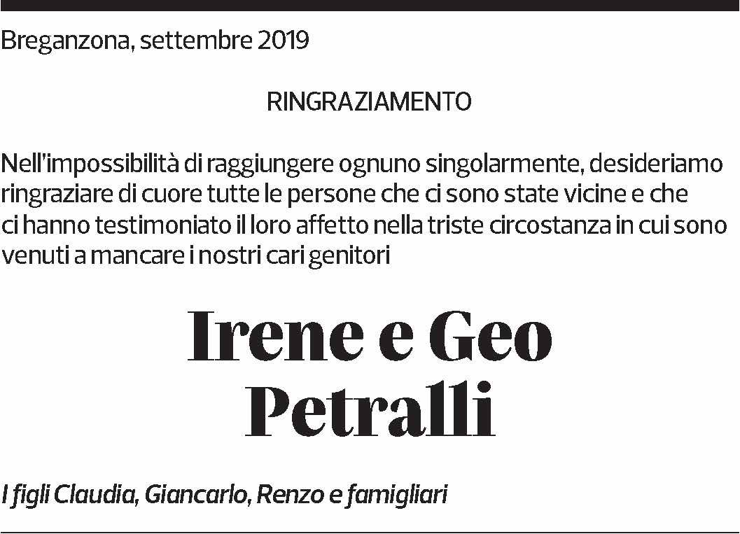 Annuncio funebre Irene E Geo Petralli