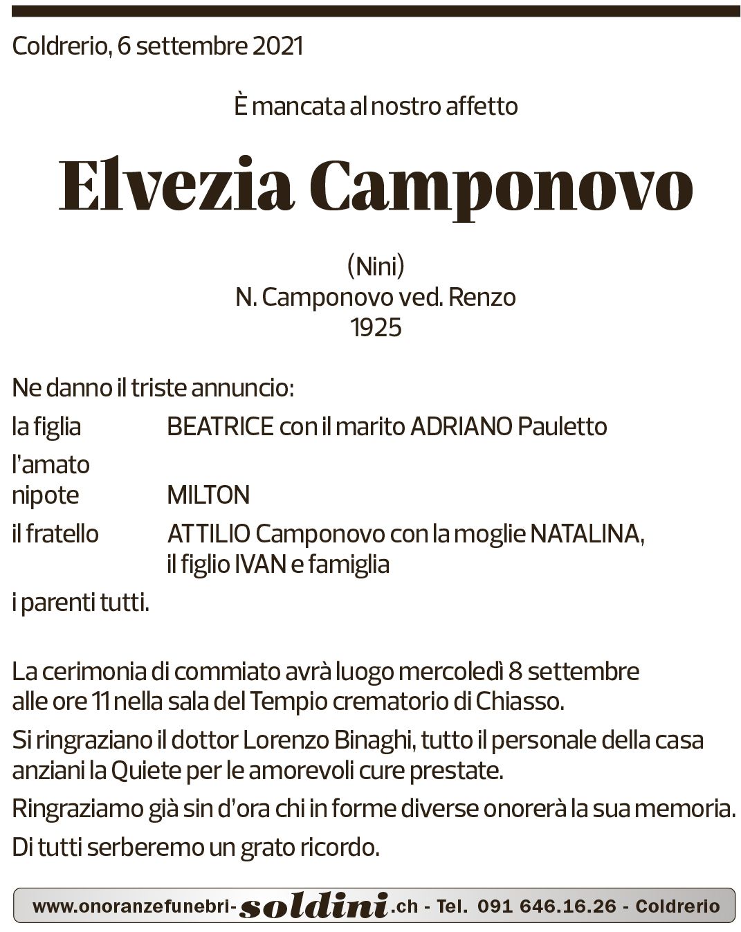 Annuncio funebre Elvezia Camponovo