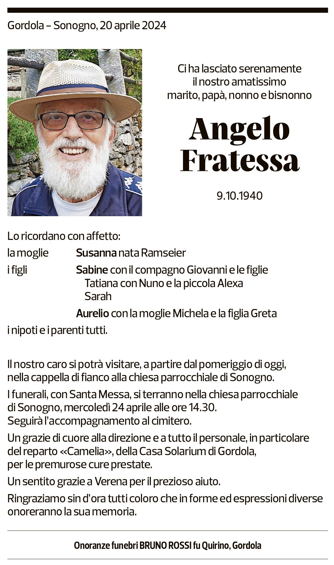 Annuncio funebre Angelo Fratessa