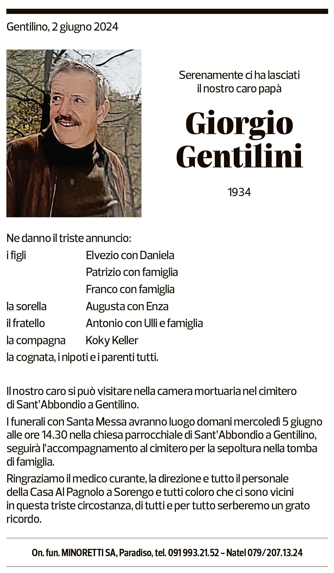 Annuncio funebre Giorgio Gentilini