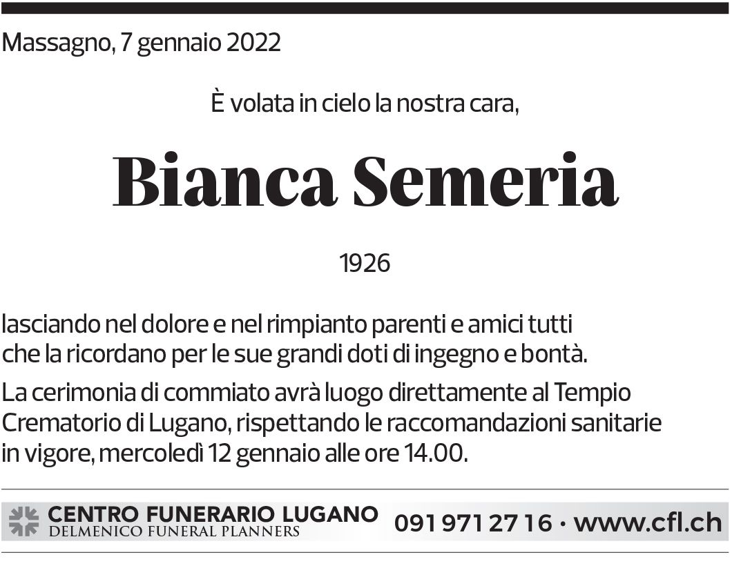 Annuncio funebre Bianca Semeria