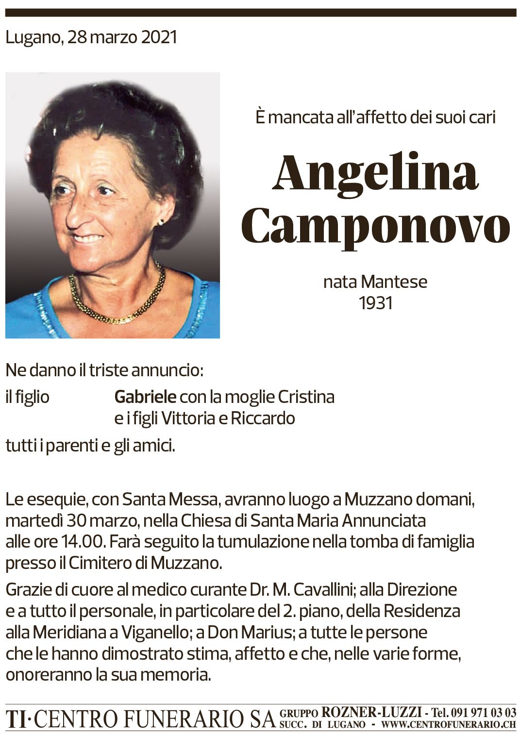 Annuncio funebre Angelina Camponovo