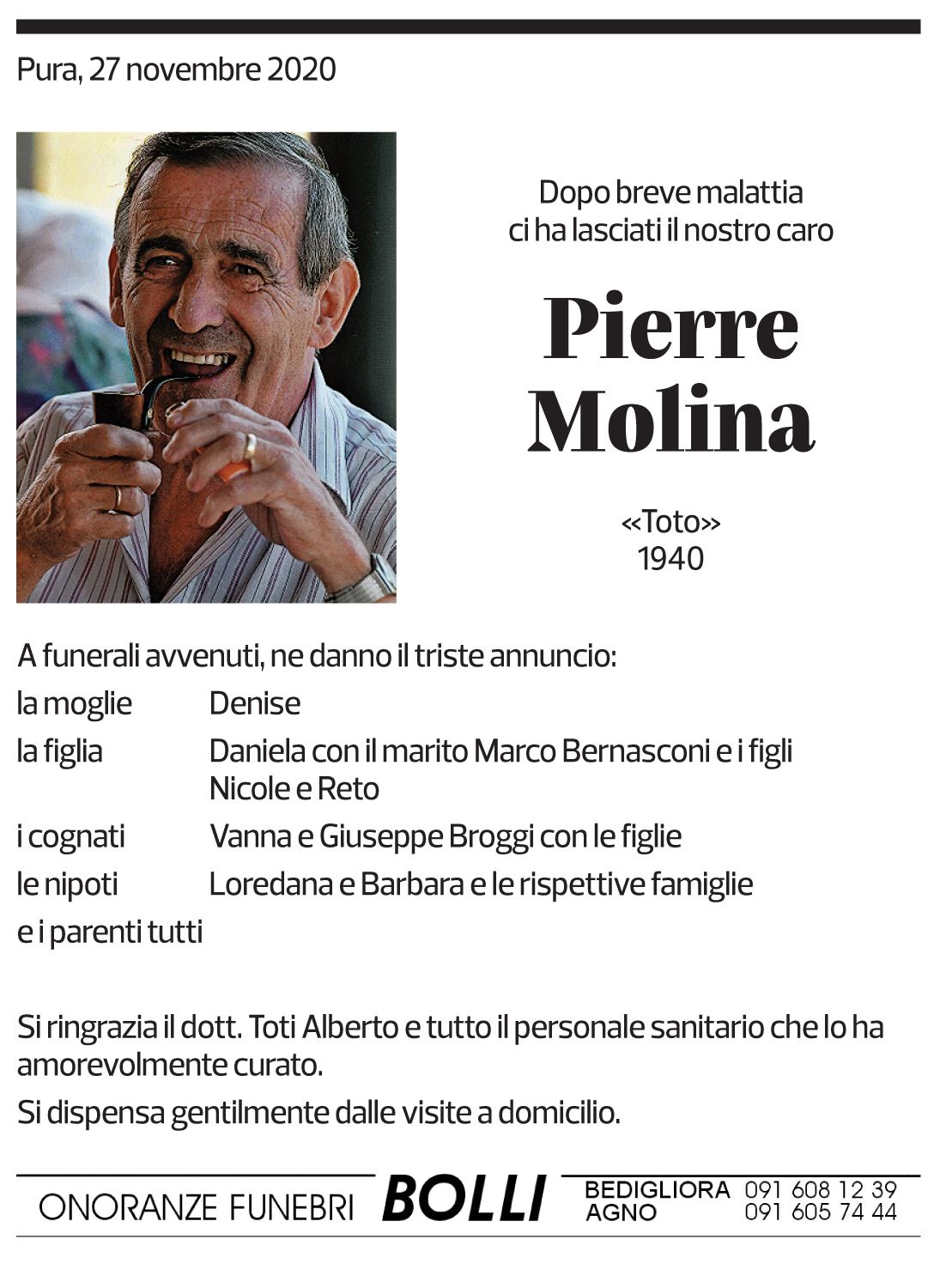 Annuncio funebre Pierre Molina