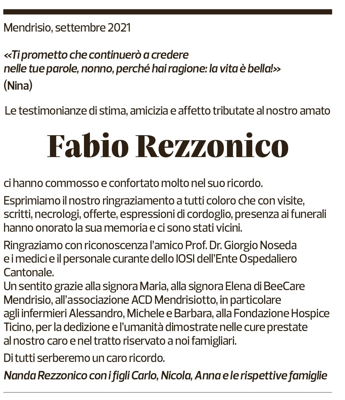 Annuncio funebre Fabio Rezzonico