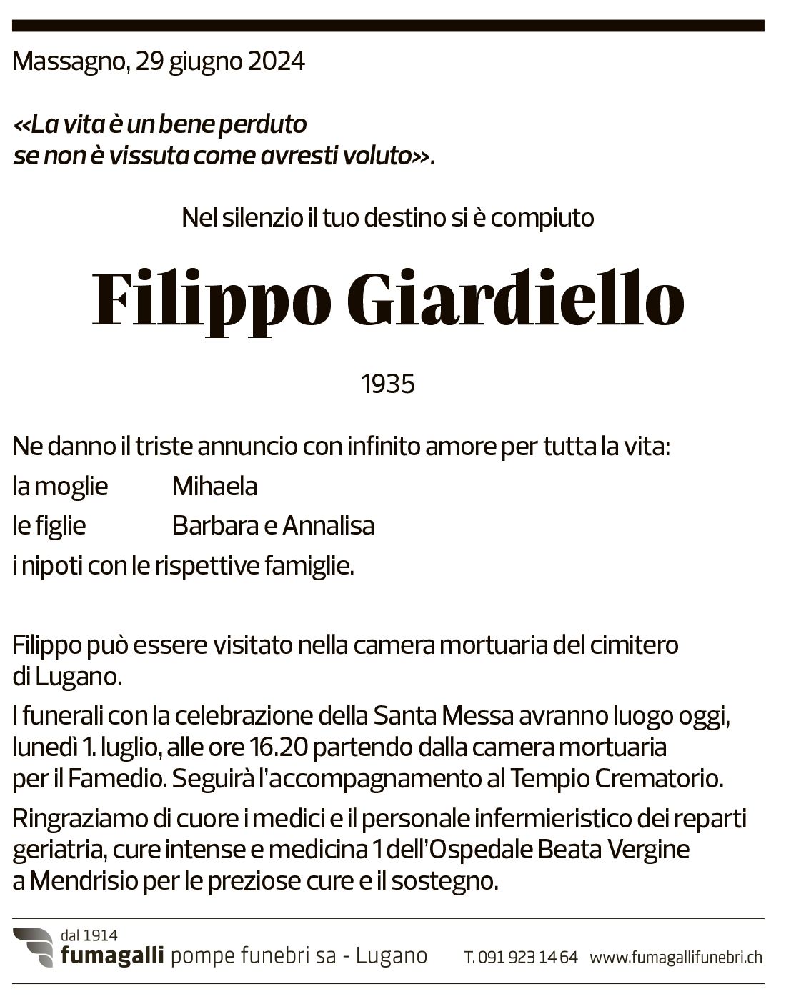 Annuncio funebre Filippo Giardiello