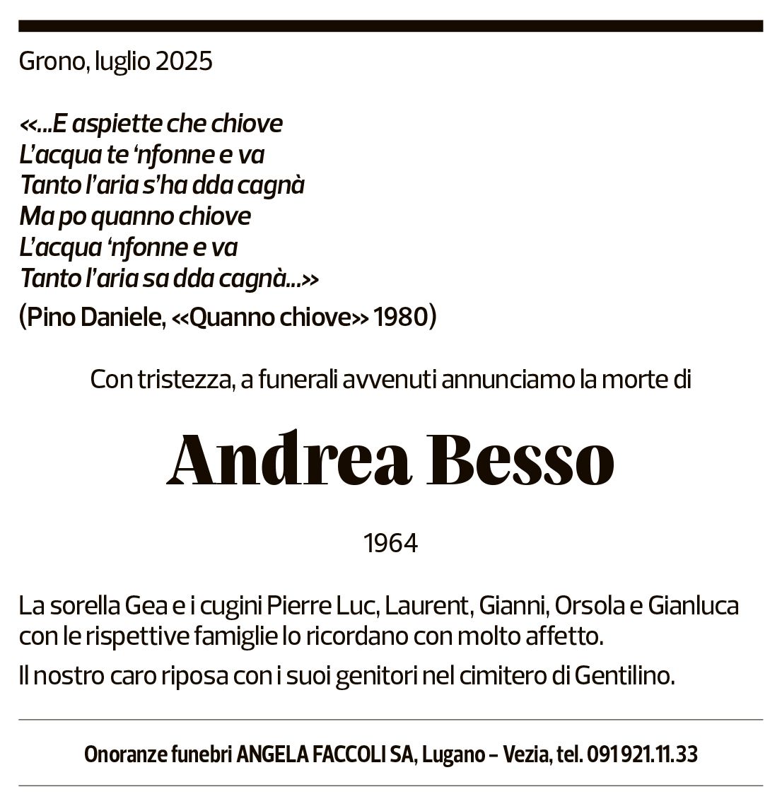 Annuncio funebre Andrea Besso